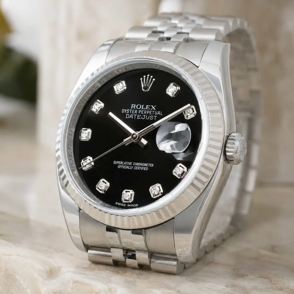 Rolex con diamanti: originali di fabbrica vs aftermarket (Guida valore 2026) 4 Rolex Datejust 36 Nero Jubilee Crownclasp 116234 Royal Black Onyx Diamanti