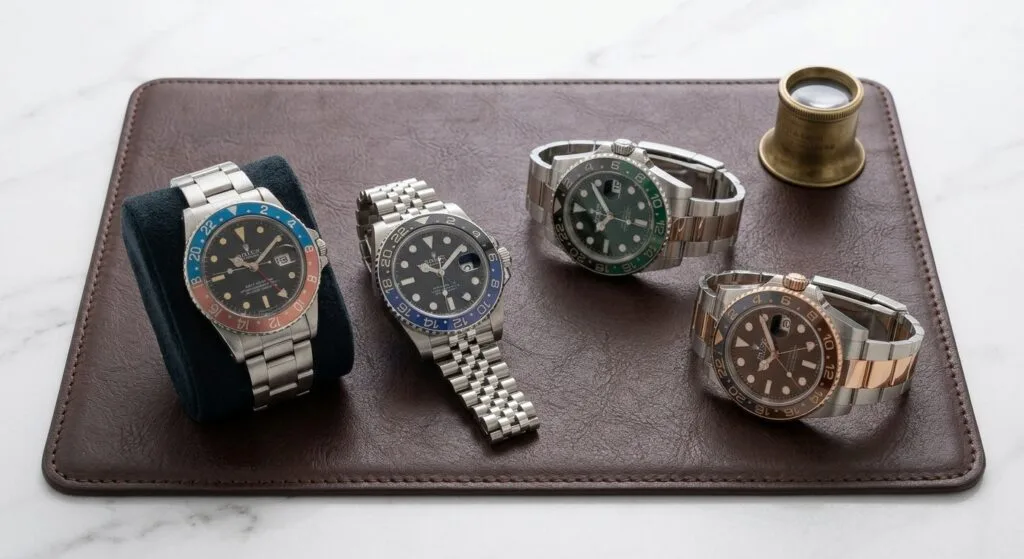 Rolex GMT-Master: storia, referenze e colorway (Guida 2026) 4 Serie di Rolex GMT Master appoggiati sul tavolo