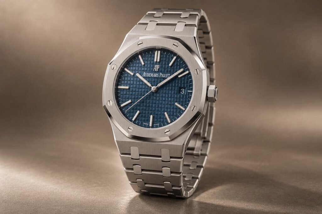 Prezzo Audemars Piguet: dove finiscono davvero i soldi 4 Illustrazione AI: Audemars Piguet Royal Oak in acciaio con quadrante Tapisserie blu e viti esagonali