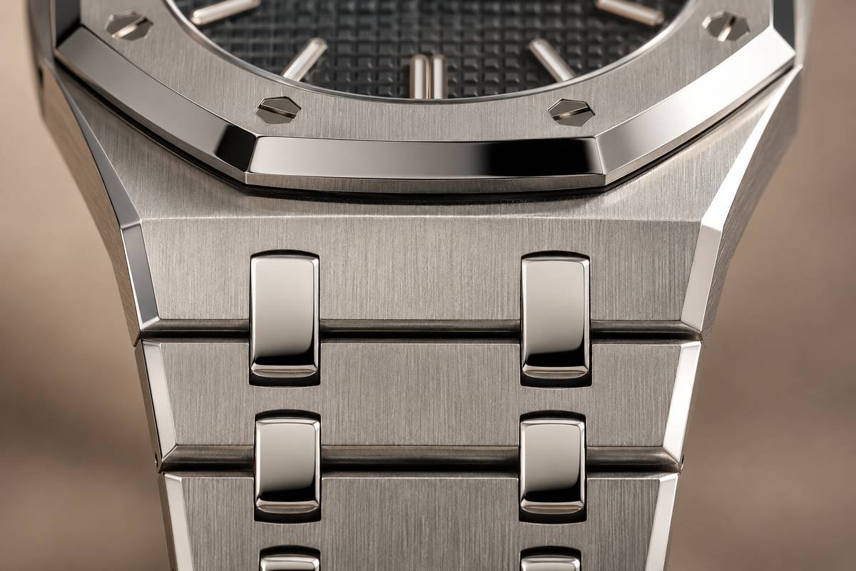 Prezzo Audemars Piguet: dove finiscono davvero i soldi 5 Illustrazione AI: macro del bracciale integrato Royal Oak, alternanza di superfici satinate e lucide