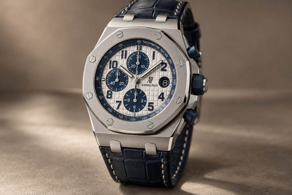 Illustrazione AI: Audemars Piguet Royal Oak Offshore cronografo in acciaio con quadrante Mega Tapisserie