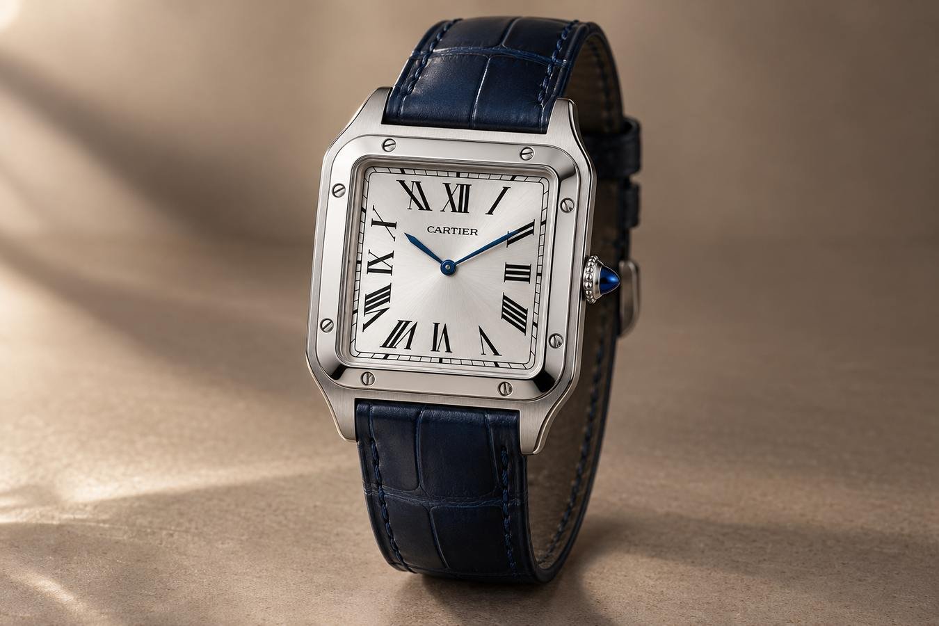 Illustrazione AI: Cartier Santos-Dumont in acciaio con cinturino in pelle blu e lunetta a otto viti