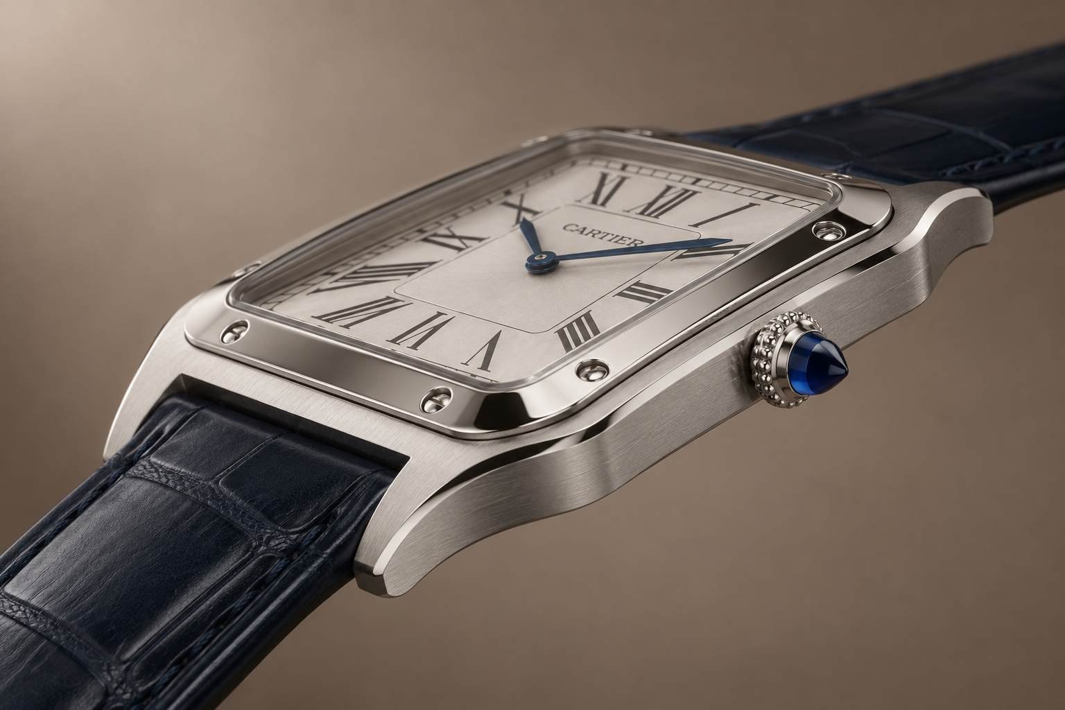 Cartier Santos-Dumont: il Santos che quasi nessuno riconosce 5 Illustrazione AI: profilo laterale del Cartier Santos-Dumont, cassa sottile e corona godronata con cabochon