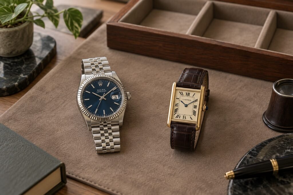 Compro orologi usati di qualsiasi marca: cosa compro davvero 4 Illustrazione AI: un Rolex Datejust e un Cartier Tank appoggiati sul banco di un compratore di orologi usati, accanto a una lente da orologiaio