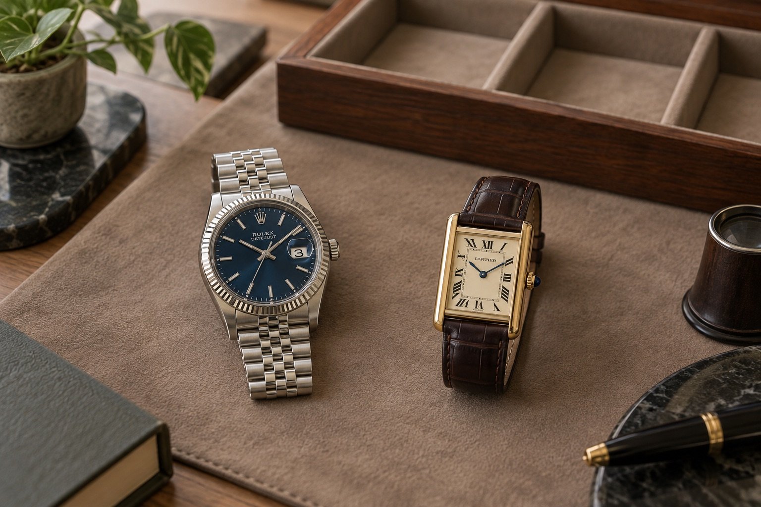 Illustrazione AI: un Rolex Datejust e un Cartier Tank appoggiati sul banco di un compratore di orologi usati, accanto a una lente da orologiaio