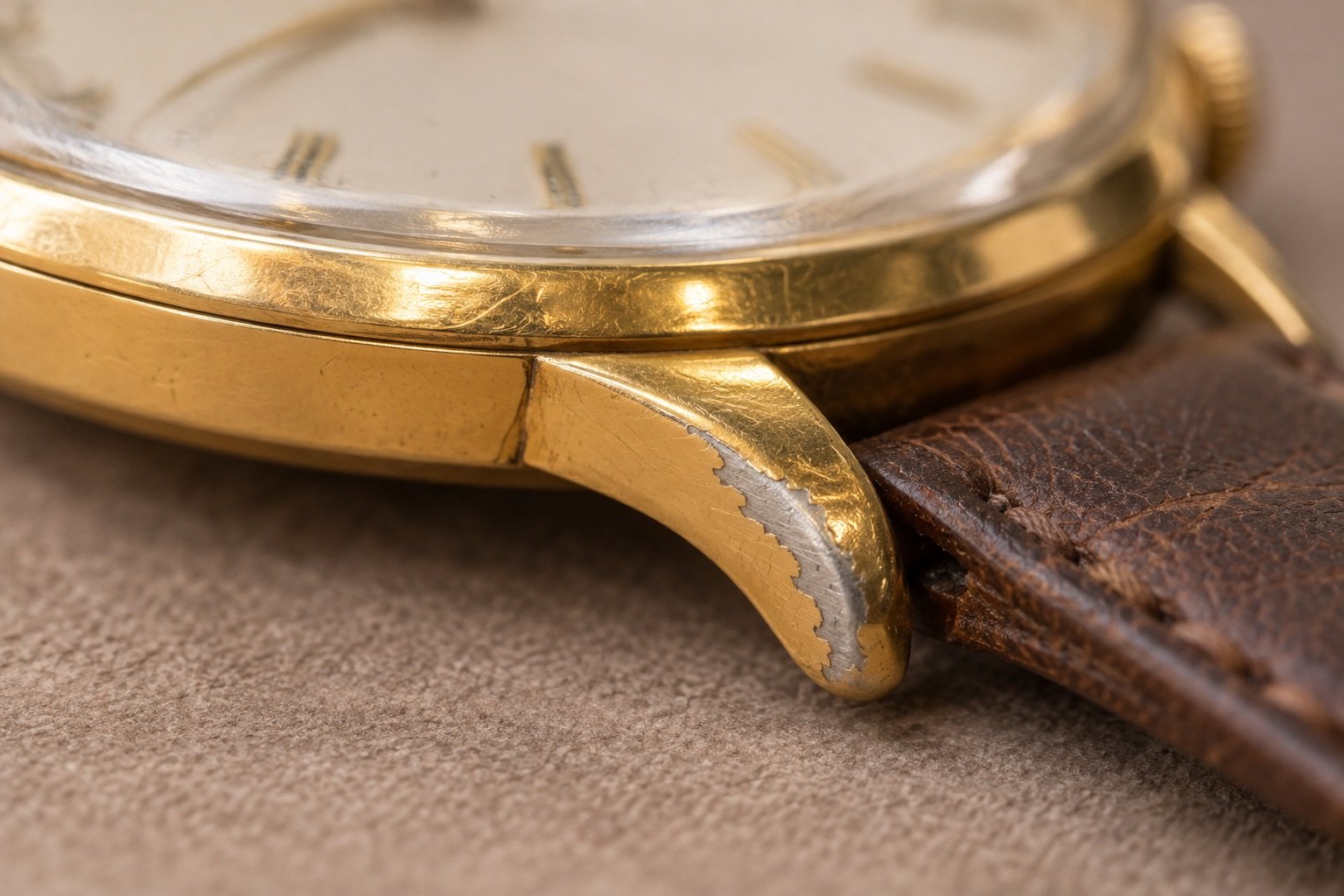 Orologio d'oro: quanto vale, e cosa paga il compro oro 5 Illustrazione AI: doratura consumata sull'ansa di un orologio placcato, con il metallo chiaro sottostante che affiora