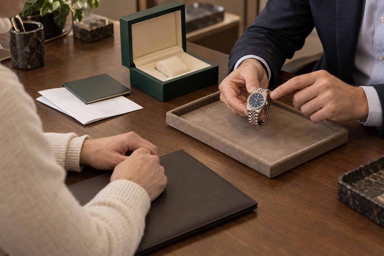 Compro orologi usati di qualsiasi marca: cosa compro davvero 5 Illustrazione AI: un professionista esamina un orologio usato davanti al venditore, con scatola e documenti sul tavolo, prima di formulare l'offerta