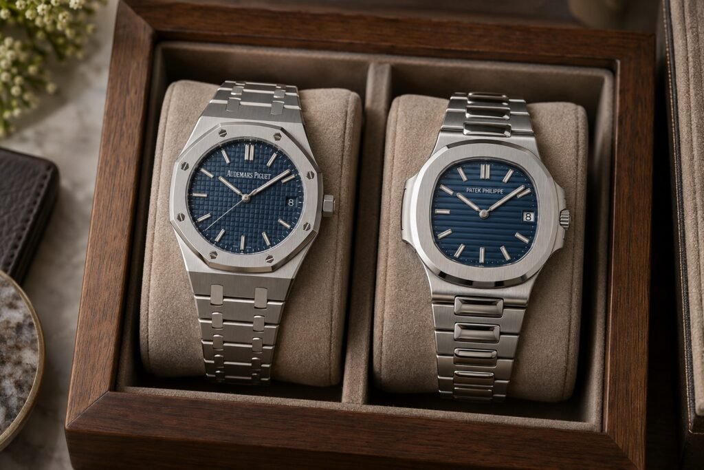 Orologi da investimento: quale comprare è la domanda sbagliata 4 Illustrazione AI: Audemars Piguet Royal Oak e Patek Philippe Nautilus in acciaio con quadrante blu, i due archetipi degli orologi sportivi considerati da investimento
