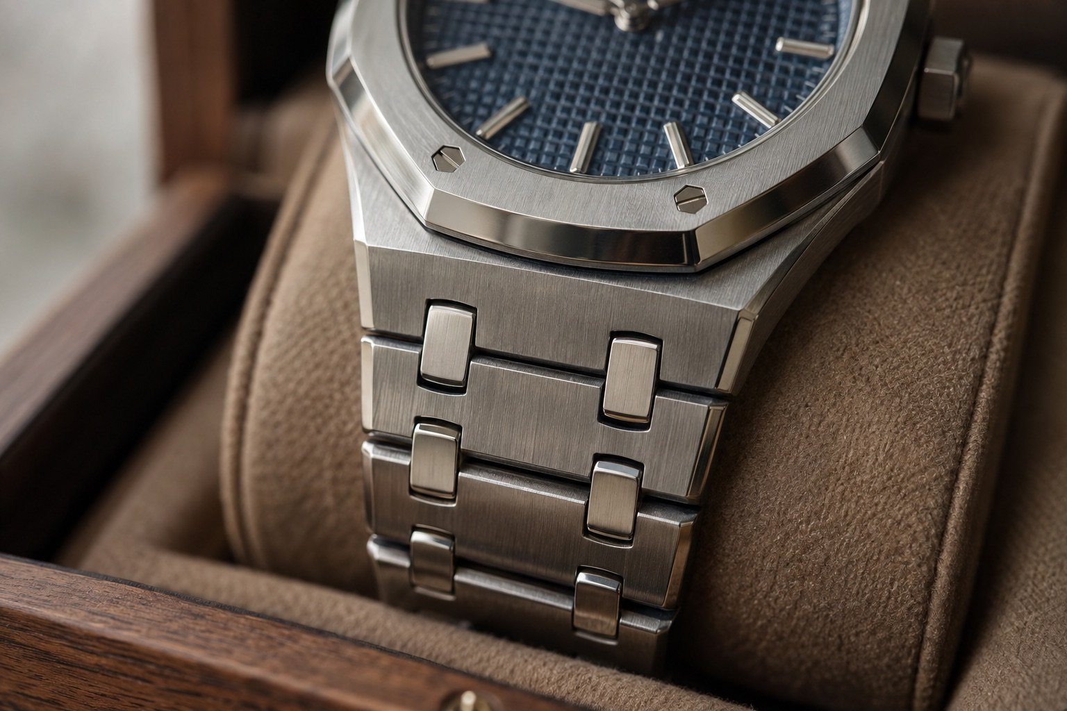 Orologi da investimento: quale comprare è la domanda sbagliata 5 Illustrazione AI: dettaglio della lunetta ottagonale con viti a vista e del bracciale integrato di un Royal Oak in acciaio, le finiture e la geometria che tengono il valore
