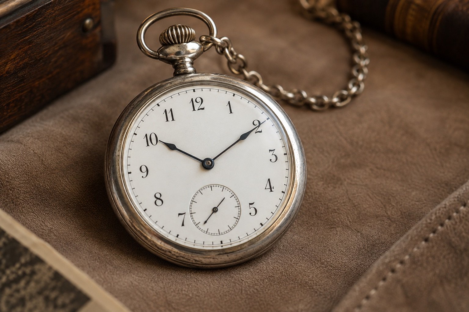 Valutazione orologi vecchi: prima di quanto vale, cos'è 5 Illustrazione AI: orologio da tasca antico in argento con quadrante smaltato bianco, numeri arabi e piccoli secondi a ore 6, il tipo di pezzo che arriva dalle successioni