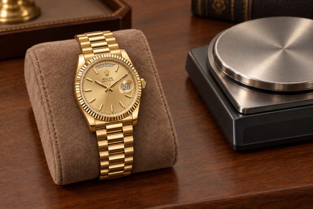 Orologio d'oro: quanto vale, e cosa paga il compro oro 4 Illustrazione AI: un Rolex Day-Date in oro giallo su un cuscino, accanto alla bilancia vuota di un gioielliere