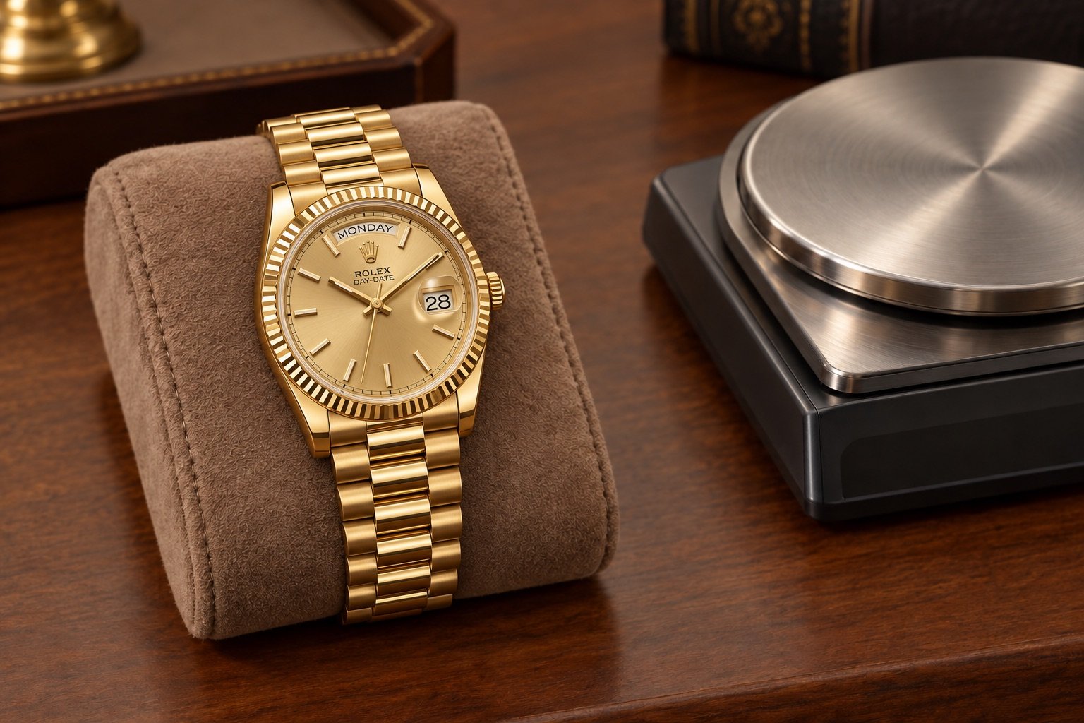 Illustrazione AI: un Rolex Day-Date in oro giallo su un cuscino, accanto alla bilancia vuota di un gioielliere