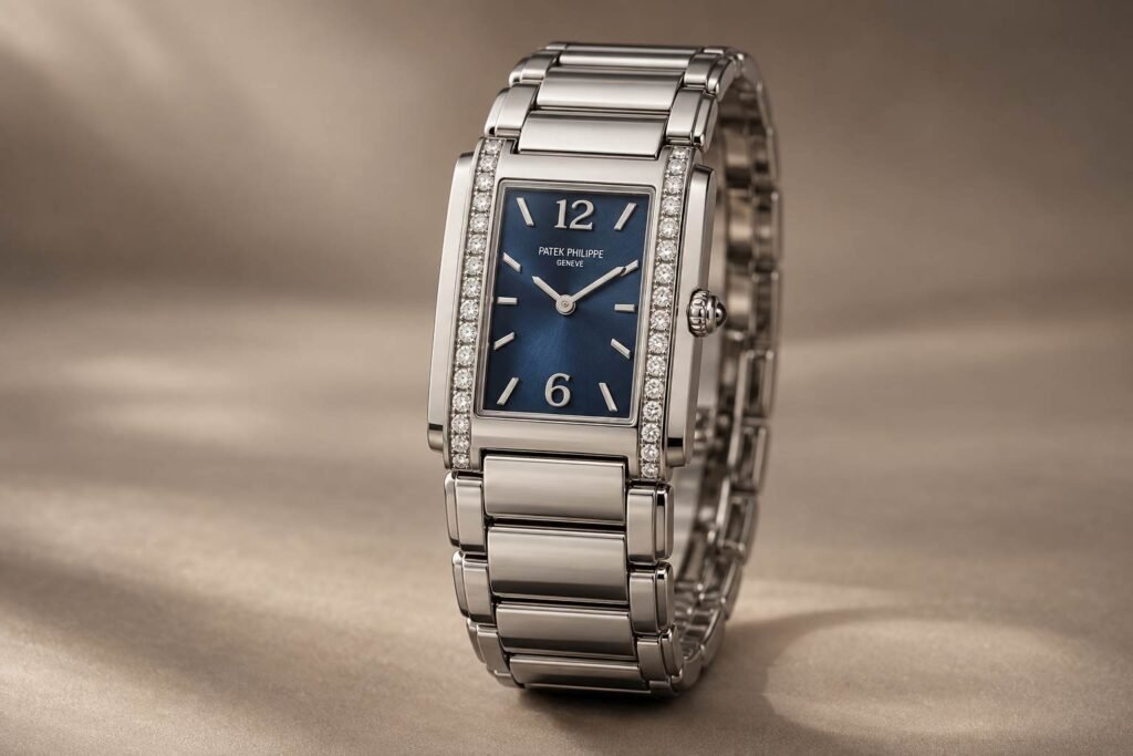 Patek Philippe da donna: tutto comincia nel 1868 4 Illustrazione AI: Patek Philippe Twenty~4 rettangolare in acciaio con lunetta di diamanti e quadrante blu
