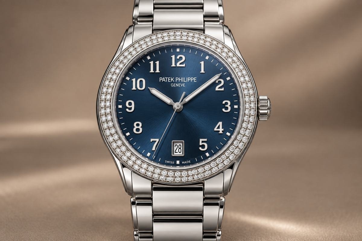 Patek Philippe da donna: tutto comincia nel 1868 5 Illustrazione AI: Patek Philippe Twenty~4 Automatic tondo in acciaio con doppia fila di diamanti