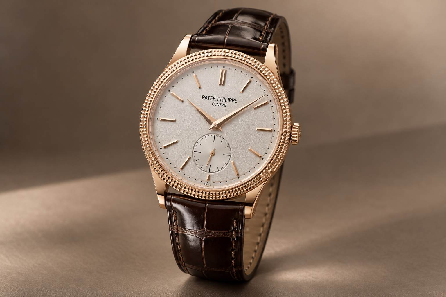 Illustrazione AI: Patek Philippe Calatrava in oro rosa con lunetta Clous de Paris e piccoli secondi