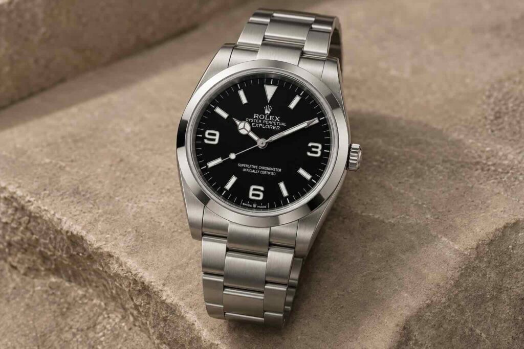 Rolex Explorer in acciaio con quadrante nero e numeri 3-6-9
