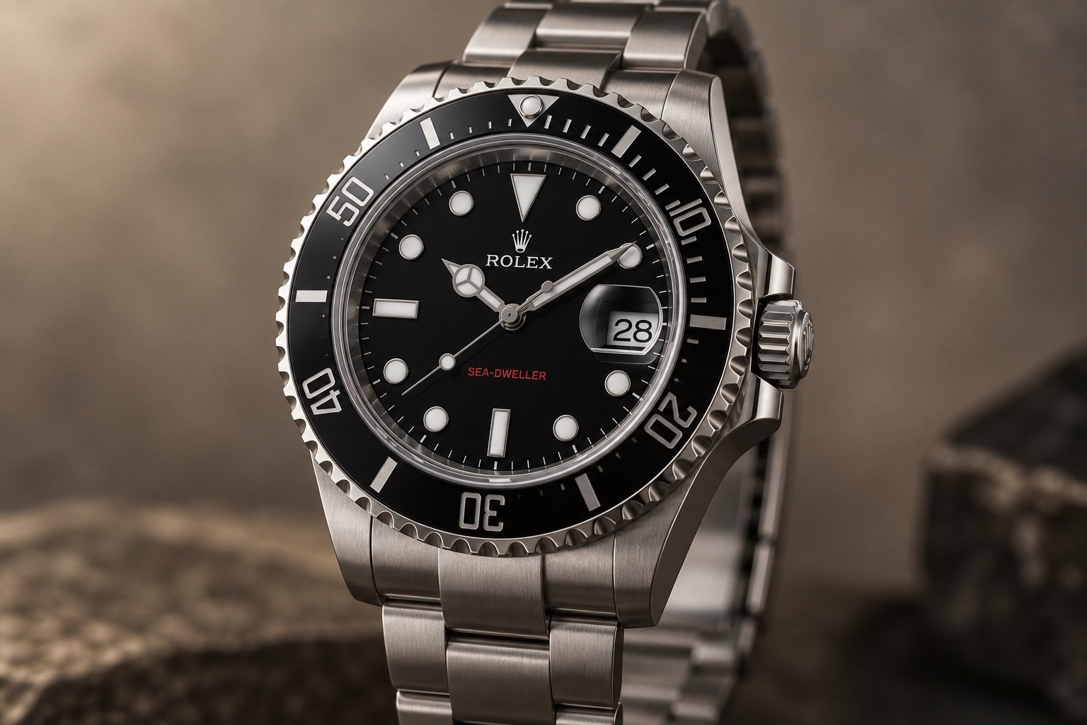 Illustrazione AI: Rolex Sea-Dweller 126600 in acciaio con lunetta nera, scritta SEA-DWELLER rossa e Cyclope sulla data