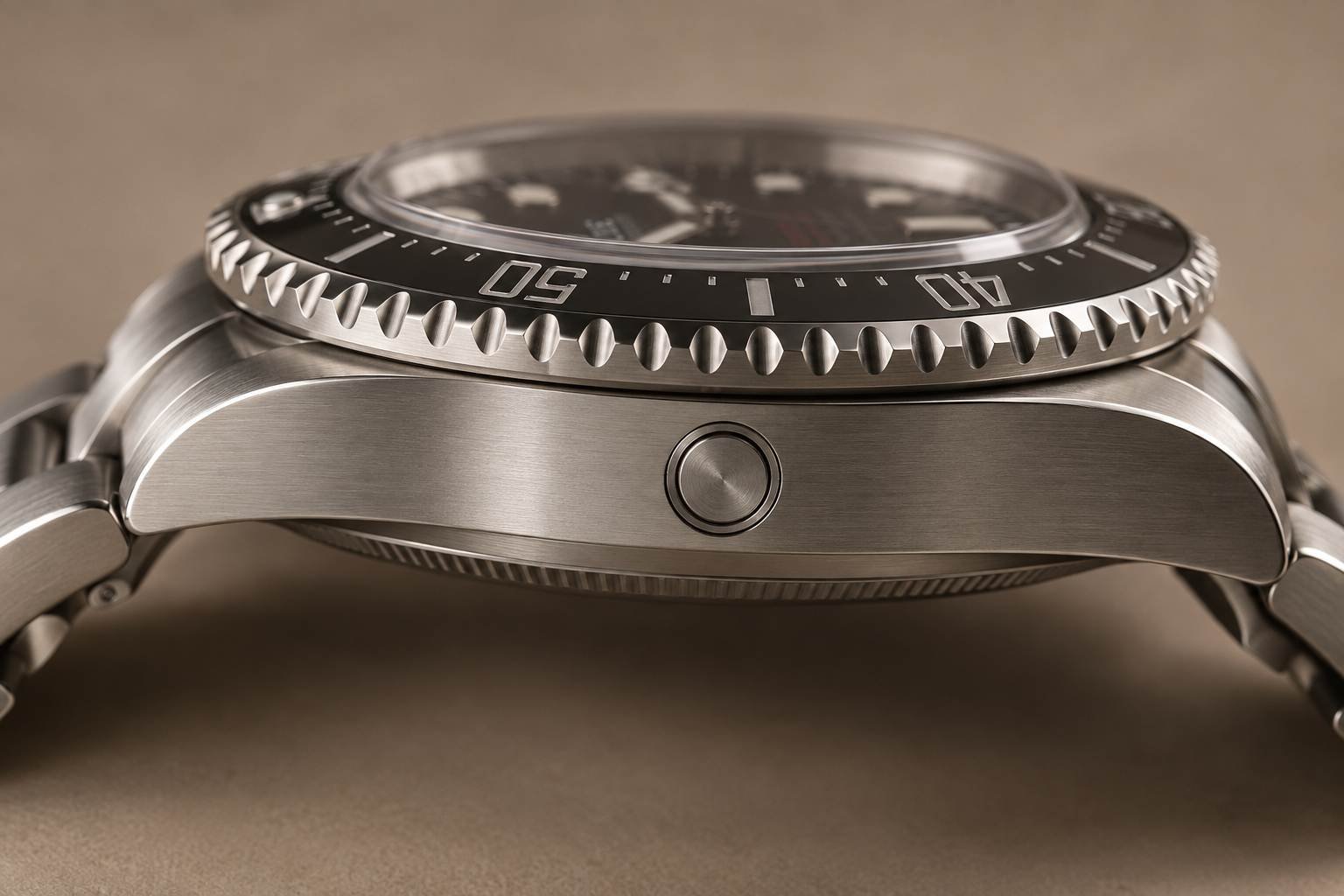 Illustrazione AI: profilo laterale del Rolex Sea-Dweller con la valvola di scarico dell'elio a ore 9