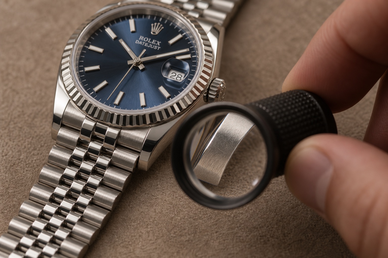 Valutazione orologi: i tre numeri che non coincidono mai 5 Illustrazione AI: controllo delle condizioni della cassa di un orologio con una lente da orologiaio