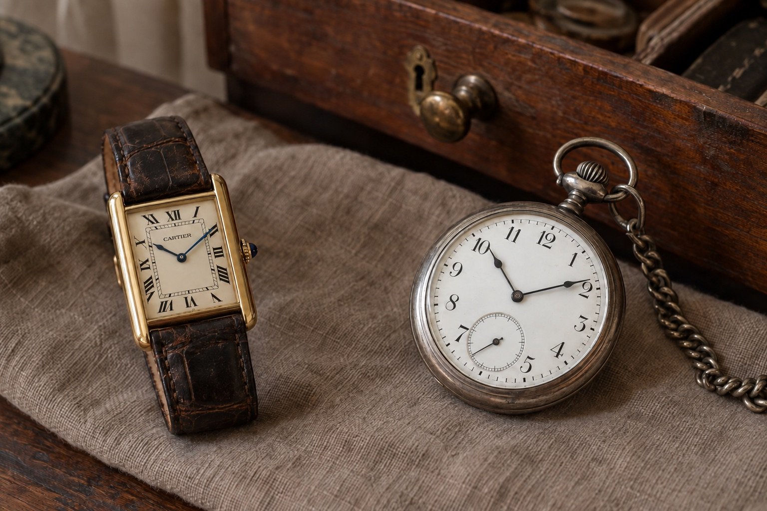 Illustrazione AI: orologio Cartier Tank in oro e orologio da tasca antico in argento appena tirati fuori da un vecchio cassetto, il punto di partenza di una valutazione di orologi vecchi