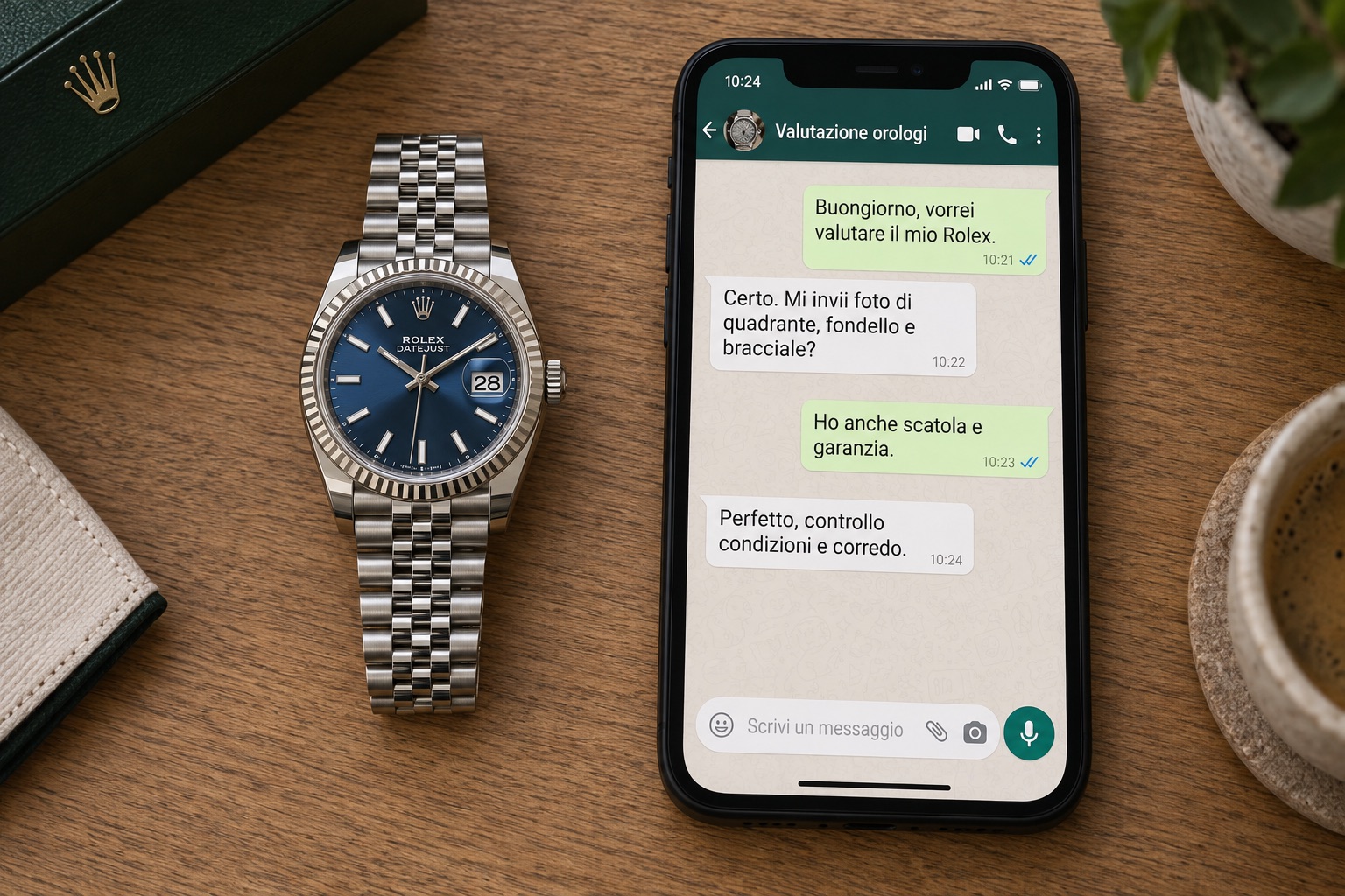 Illustrazione AI: orologio accanto a uno smartphone con una richiesta di valutazione su WhatsApp