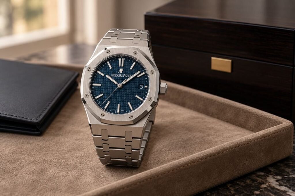 Illustrazione AI di un Audemars Piguet Royal Oak con cofanetto e portadocumenti.