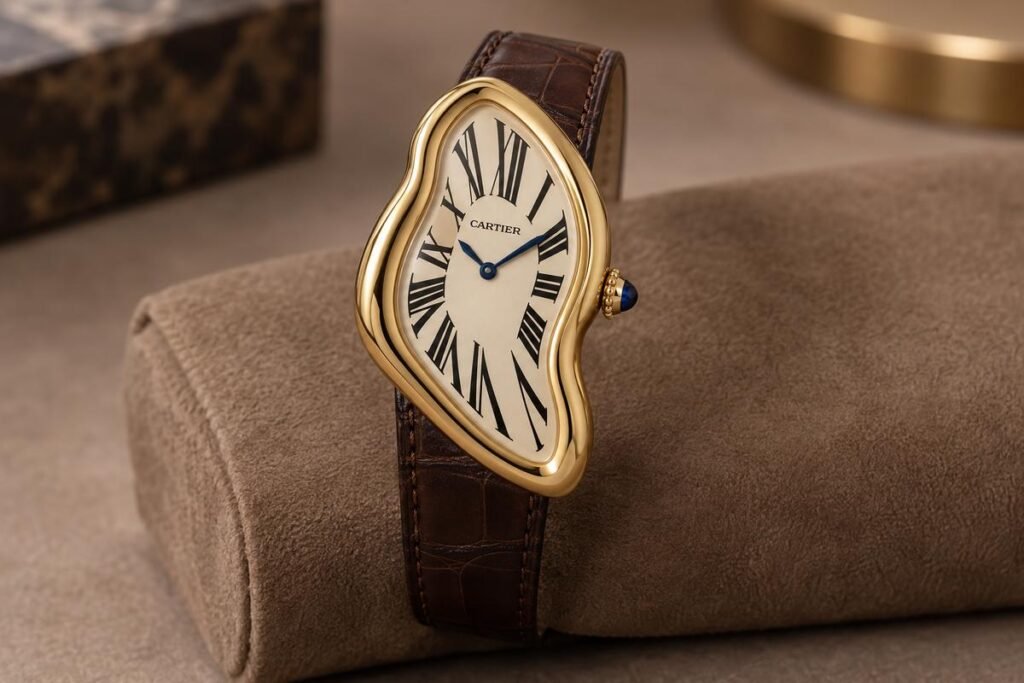 Cartier Crash: l'incidente d'auto è mai successo davvero? 4 Illustrazione AI di un Cartier Crash in oro con cinturino in pelle.