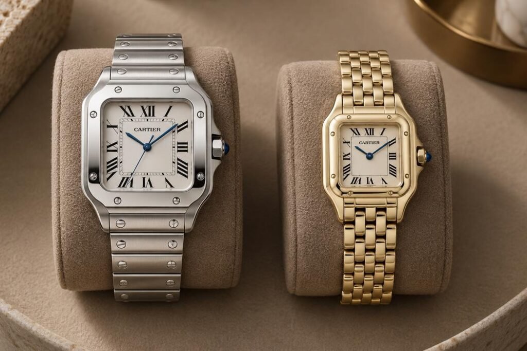 Prezzo degli orologi Cartier: il listino è solo metà della storia 4 Illustrazione AI: un Cartier Santos in acciaio e un Cartier Panthère in oro giallo affiancati