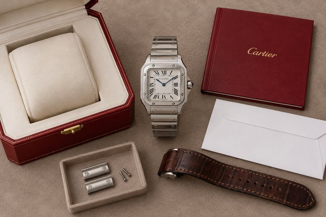 Prezzo degli orologi Cartier: il listino è solo metà della storia 6 Illustrazione AI: Cartier Santos usato con il corredo completo, scatola, libretto, maglie del bracciale e cinturino in pelle