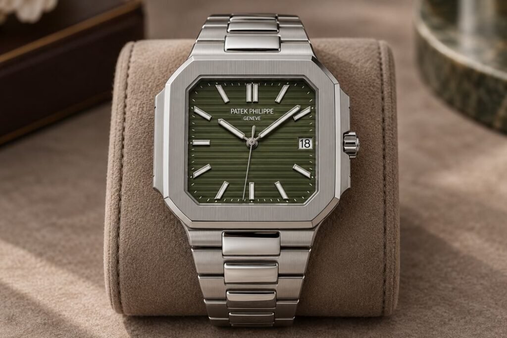 Illustrazione AI di un Patek Philippe Cubitus in acciaio con quadrante verde oliva.