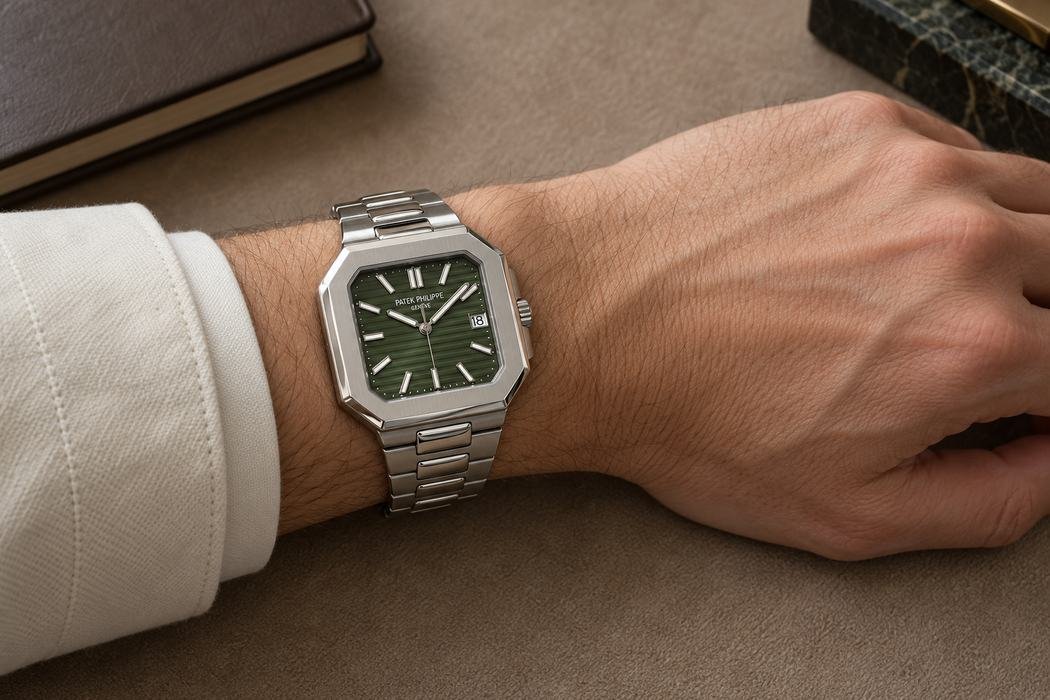 Illustrazione AI di un Patek Philippe Cubitus indossato al polso.