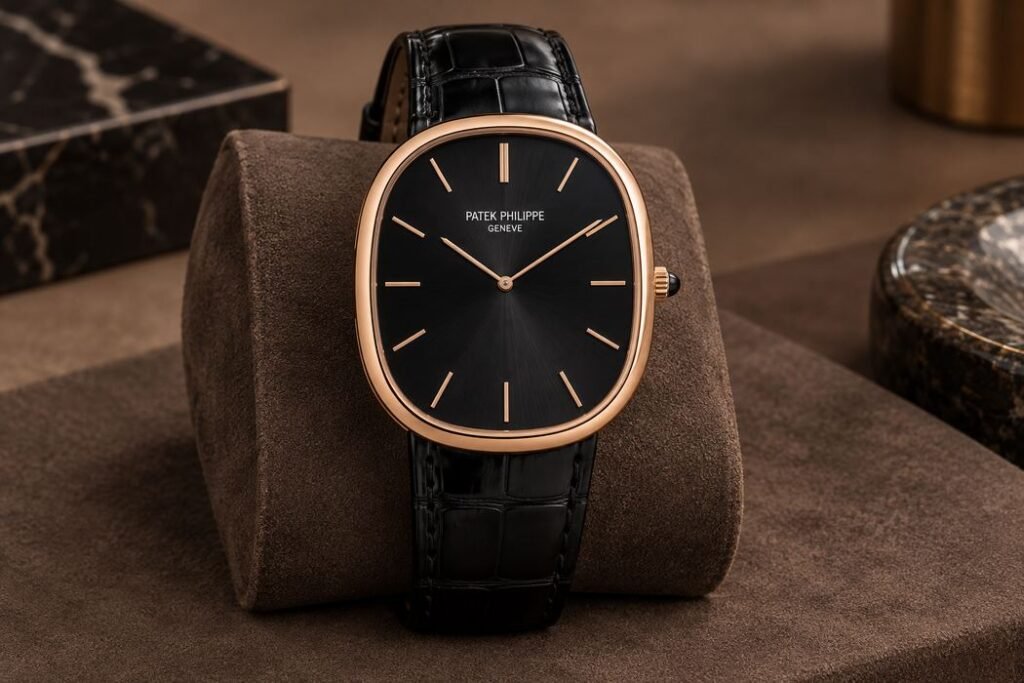 Illustrazione AI di un Patek Philippe Golden Ellipse in oro rosa con quadrante nero.