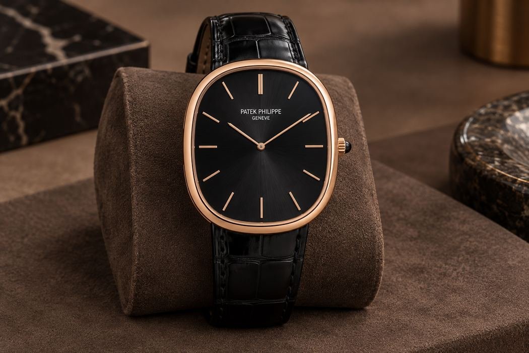 Illustrazione AI di un Patek Philippe Golden Ellipse in oro rosa con quadrante nero.