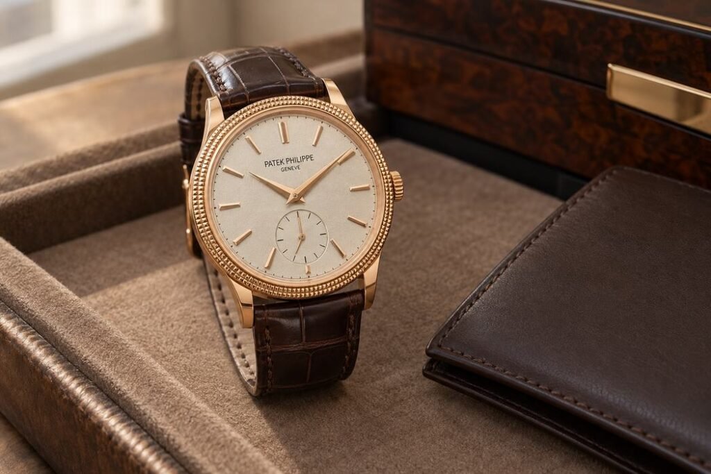Illustrazione AI di un Patek Philippe Calatrava con cofanetto e portadocumenti