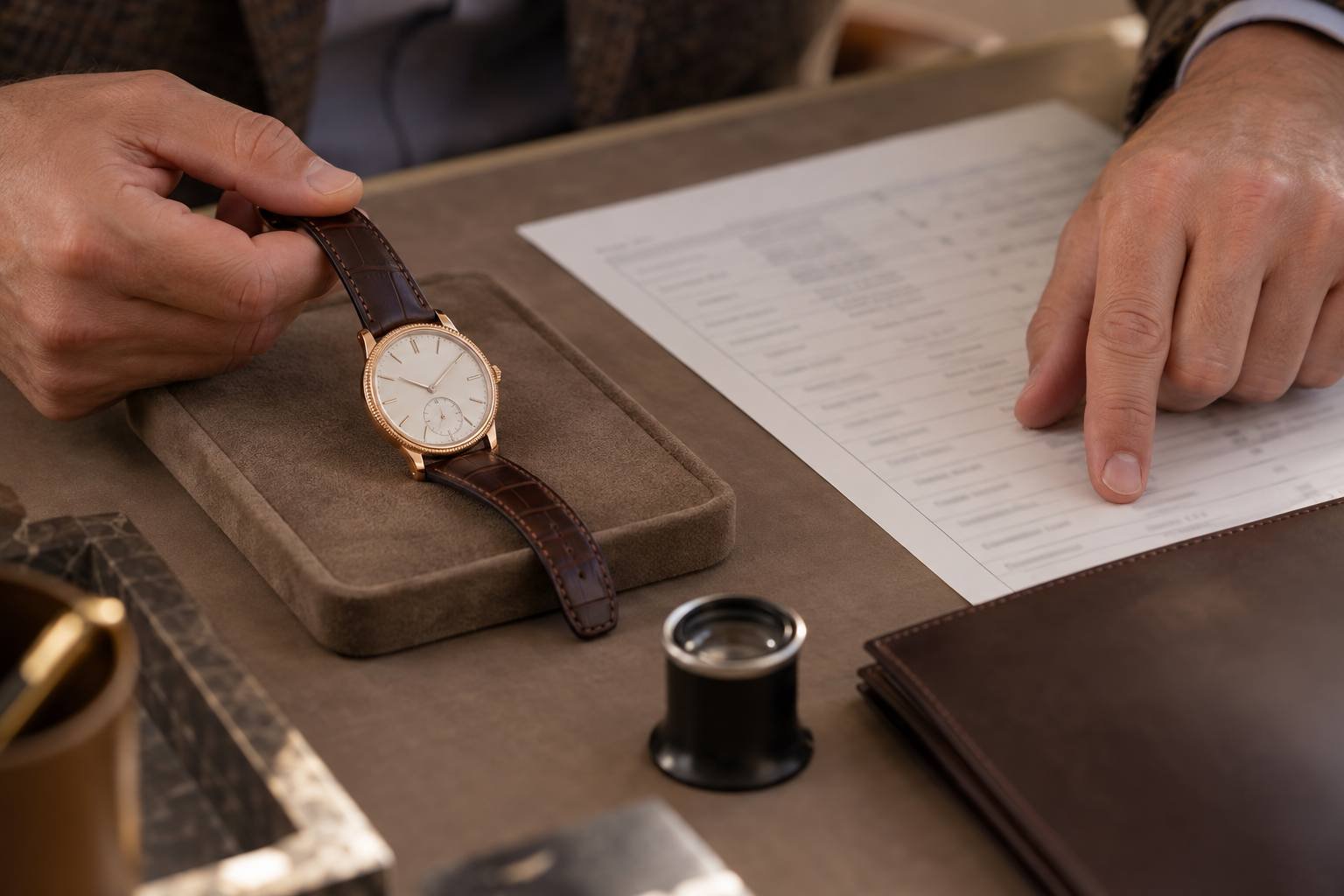 Illustrazione AI del controllo di un Patek Philippe usato e dei documenti di assistenza
