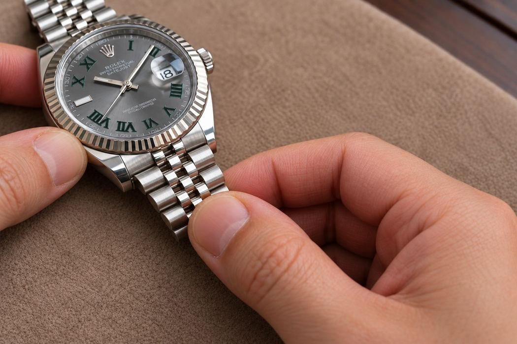 Illustrazione AI del controllo delle maglie del bracciale Jubilee di un Rolex Wimbledon.