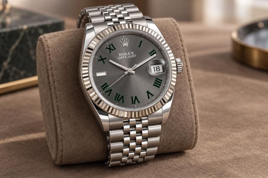 Illustrazione AI di un Rolex Datejust Wimbledon con quadrante ardesia e numeri romani verdi.