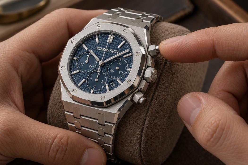 Illustrazione AI del controllo del pulsante di avvio di un Royal Oak Chronograph.