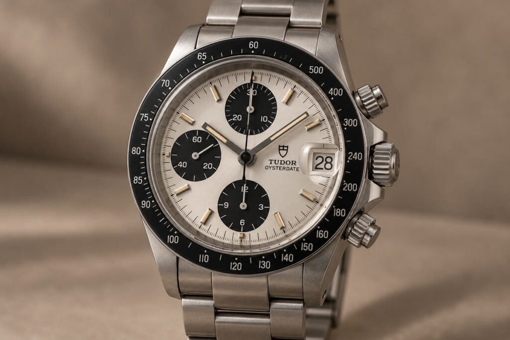 Tudor Big Block: che cos'ha di diverso dagli altri cronografi Tudor vintage? 4 Illustrazione AI: cronografo Tudor Oysterdate Big Block in acciaio con quadrante argentato, tre contatori neri e lunetta tachimetrica nera