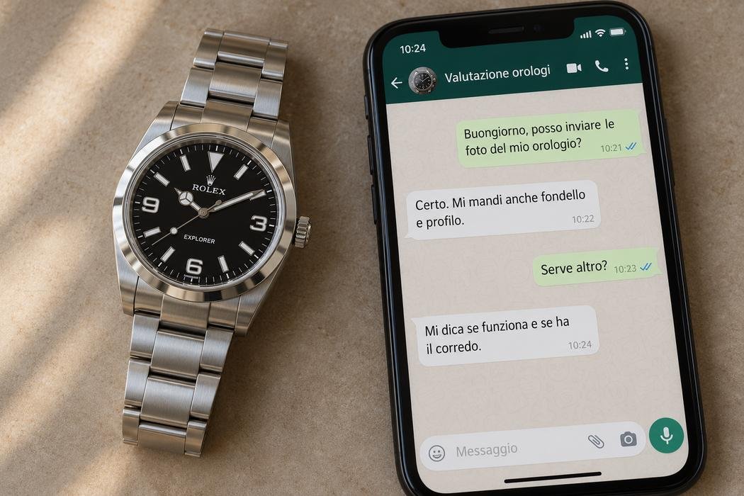 Illustrazione AI: un Rolex Explorer accanto a uno smartphone con una chat WhatsApp per la valutazione dell'orologio