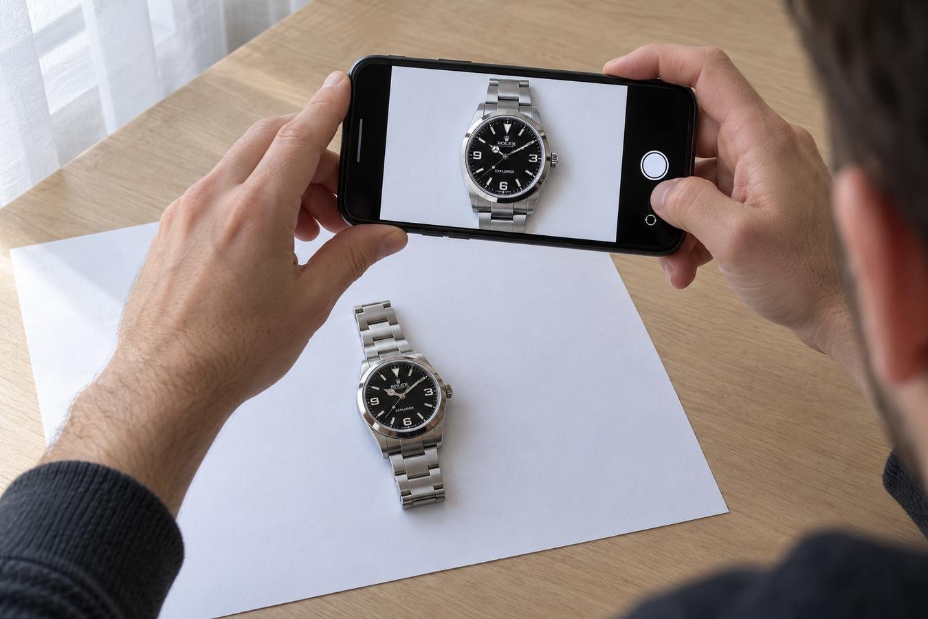 Valutazione orologi su WhatsApp: una foto può bastare? 5 Illustrazione AI: orologio appoggiato su un foglio bianco vicino a una finestra e fotografato con lo smartphone, senza flash